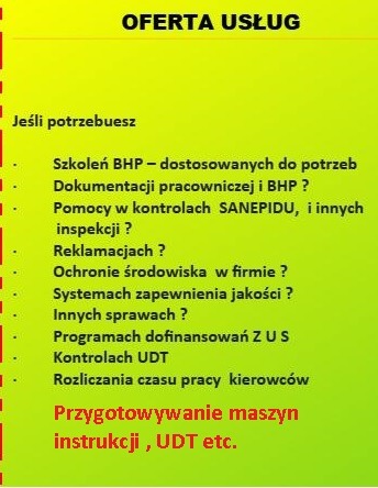 Grafika z ofertą usług: szkolenia, dokumentacja pracownicza, kontrole Sanepidu, ochrona środowiska, systemy jakości, dofinansowania ZUS, kontrole UDT, rozliczanie czasu pracy kierowców...