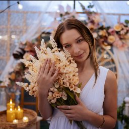 Fotobambino Anna Gąsiorowska - Uśmiechnięta kobieta w białej sukience trzyma kremowy bukiet kwiatów na tle dekoracji ślubnych z lampkami, świecami i kwiatami w rustykalnym stylu.
