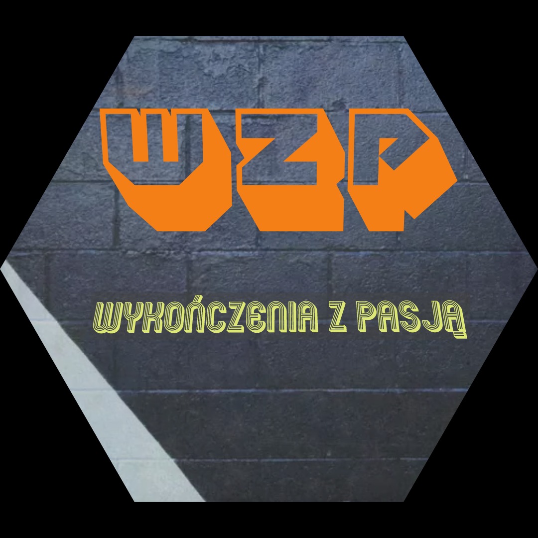 Grafika w kształcie sześciokąta przedstawiająca logo firmy 'WZP' w kolorze pomarańczowym nad napisem 'WYKOŃCZENIA Z PASJĄ' na tle ściany z szarej cegły z białą ukośną linią w lewym dolnym rogu.