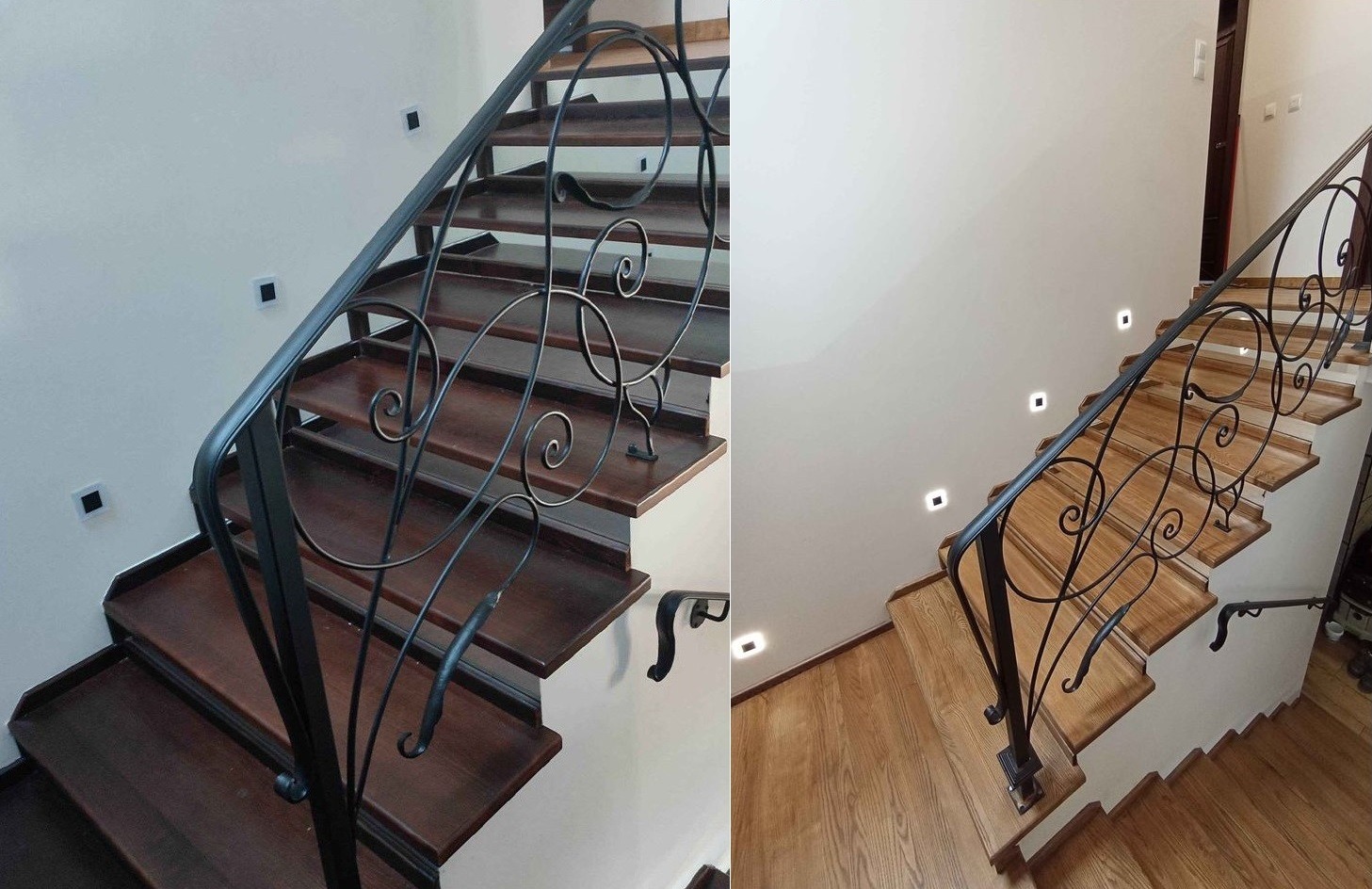 Dwie perspektywy schodów z drewnianymi stopniami i ozdobną, metalową balustradą w stylu retro, oświetlonych punktowymi lampami ściennymi.