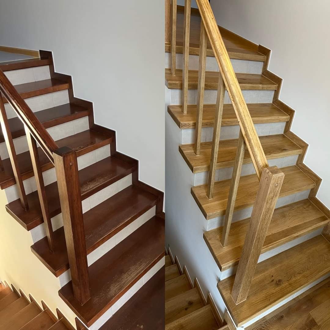 Porównanie schodów drewnianych przed i po renowacji: ciemne, lakierowane schody z widocznymi śladami użytkowania zestawione z jasnymi, odnowionymi schodami z naturalnego drewna z nową balustradą.