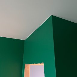 DI-NERO DMYTRO KUTSYI - Pomieszczenie po malowaniu ścian na intensywny zielony kolor, z widocznym fragmentem surowej ościeżnicy drzwiowej i białym sufitem.