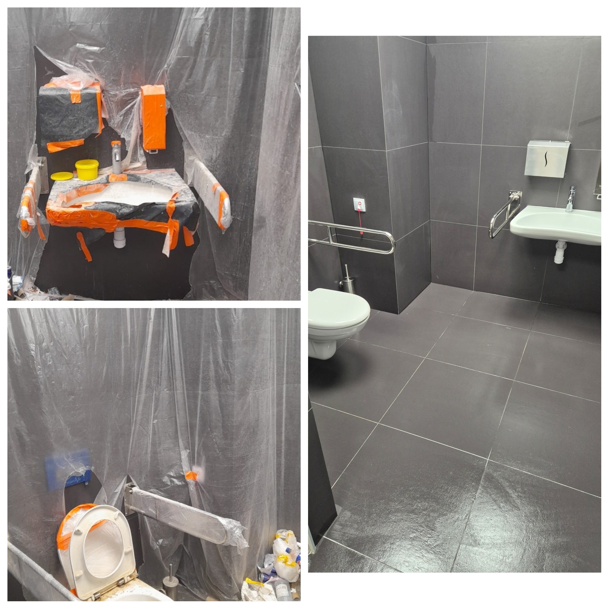 Toaleta publiczna: widok przed i po sprzątaniu. Po lewej zabezpieczone folią elementy, po prawej czysta, szara łazienka z umywalką i toaletą dla niepełnosprawnych.