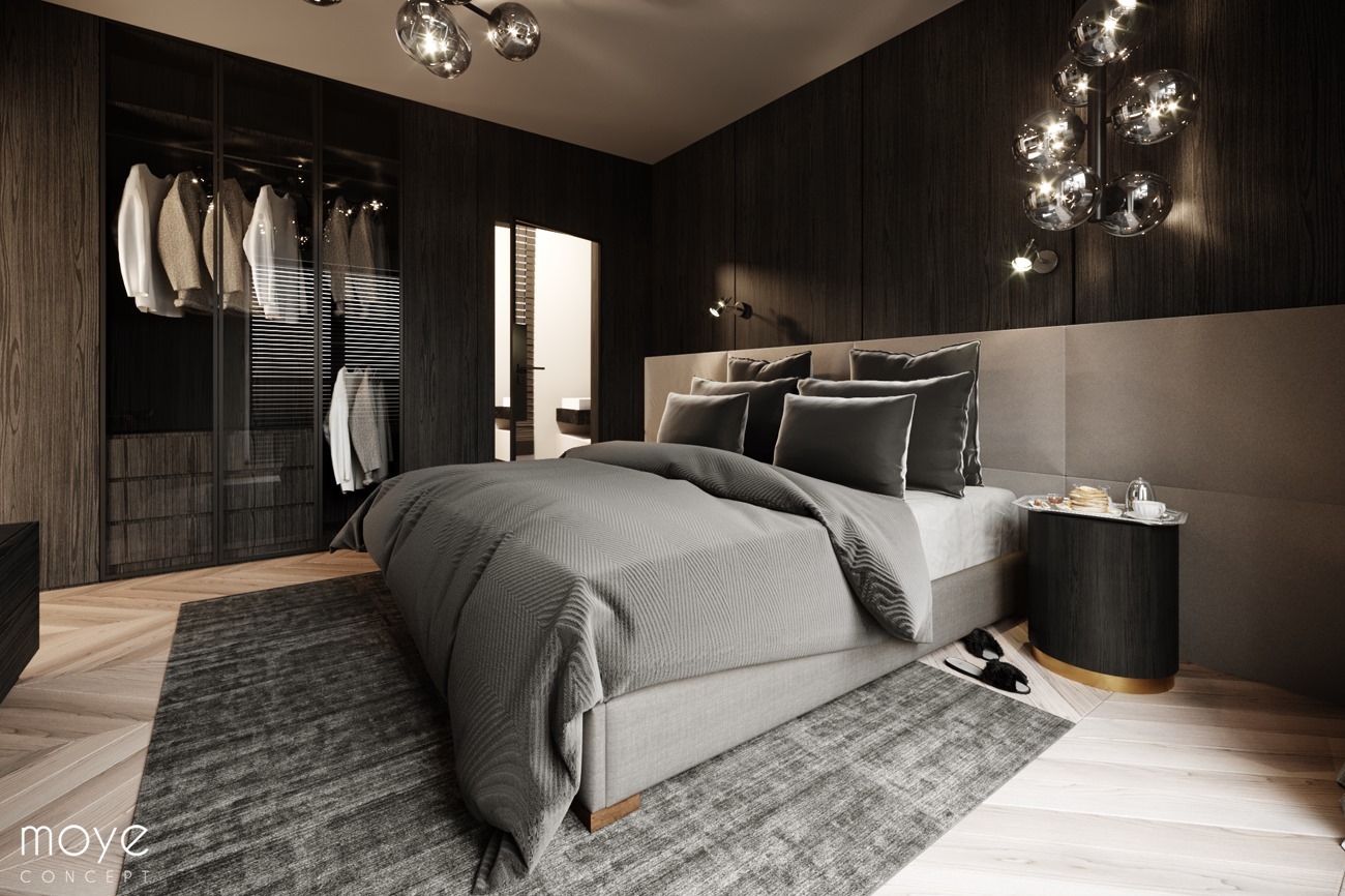 Nowoczesna sypialnia w ciemnych odcieniach z dużym łóżkiem, garderobą z przesuwnymi drzwiami i designerskim oświetleniem sufitowym oraz nocnym stolikiem z zastawą.