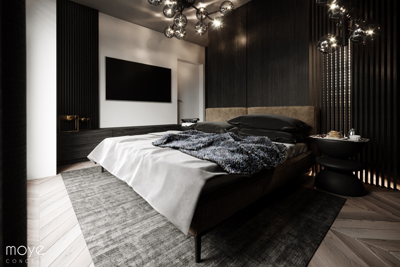 Nowoczesna sypialnia w ciemnych barwach z dużym łóżkiem, dekoracyjną lampą sufitową i telewizorem na ścianie; widoczny stolik nocny z zastawą.