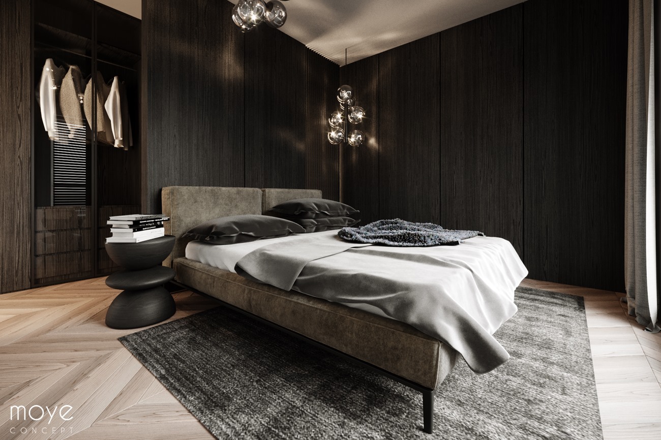 Elegancka sypialnia w Krakowie z ciemnymi, drewnianymi panelami ściennymi, łóżkiem z szarą pościelą, nowoczesną lampą wiszącą i stolikiem nocnym z książkami.