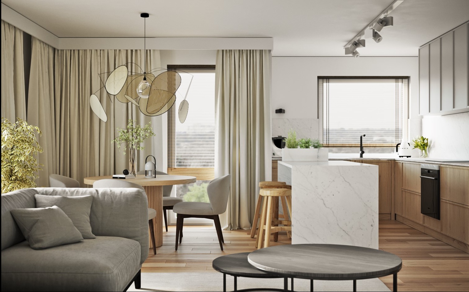 Jasne wnętrze z otwartą kuchnią, drewniane podłogi, marmurowy blat kuchenny, okrągły stół z krzesłami, dekoracyjna lampa wisząca i szare zasłony w tle.