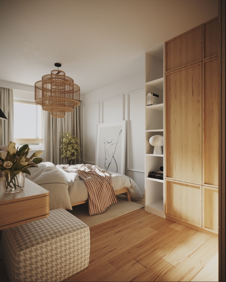 Jasna sypialnia z drewnianą podłogą, łóżkiem z narzutą w paski, rattanowym żyrandolem, obrazem z konturem ciała i szafą z jasnego drewna.