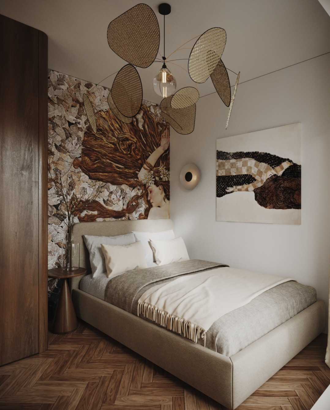 Nowoczesna sypialnia z łóżkiem w odcieniach beżu, drewnianą podłogą w jodełkę i dekoracyjną lampą sufitową. Na ścianie widoczne obrazy i tapeta z motywem kobiety.