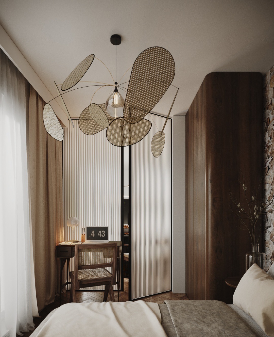 Sypialnia w stylu boho z drewnianą ścianą, biurkiem z wiklinowym krzesłem, designerską lampą sufitową z elementami wikliny, oraz dekoracyjną ścianą z kamienia.