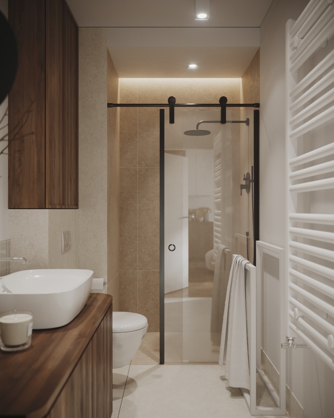 Nowoczesna łazienka z drewnianą szafką pod umywalką, kabiną prysznicową ze szklanymi drzwiami przesuwnymi na czarnych szynach oraz białym grzejnikiem drabinkowym i wiszącym ręcznikiem.