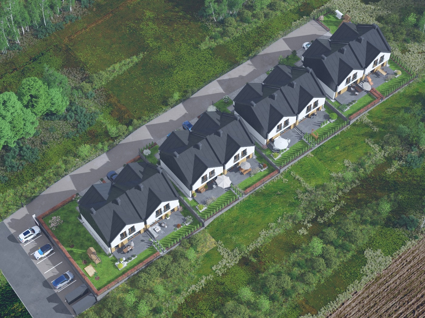 Widok z lotu ptaka na szereg identycznych, nowo wybudowanych domów z ciemnymi dachami i białymi elewacjami, otoczonych zielenią i ogrodzeniami, z miejscami parkingowymi przed każdym budynkiem.