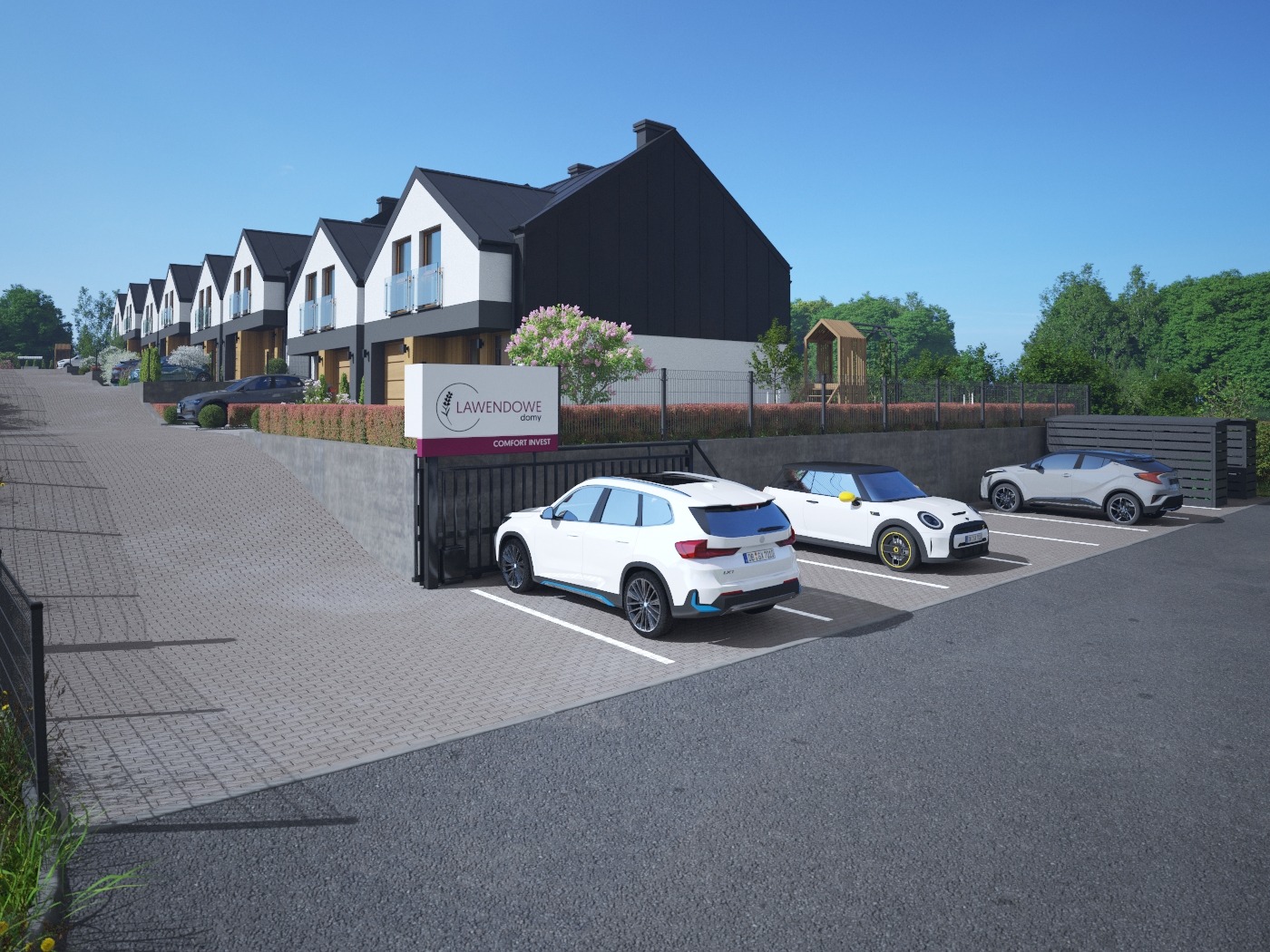 Wizualizacja szeregu nowoczesnych domów z czarnymi dachami i białymi elewacjami, z zaparkowanymi samochodami i placem zabaw w tle, prezentowana z perspektywy ulicy.