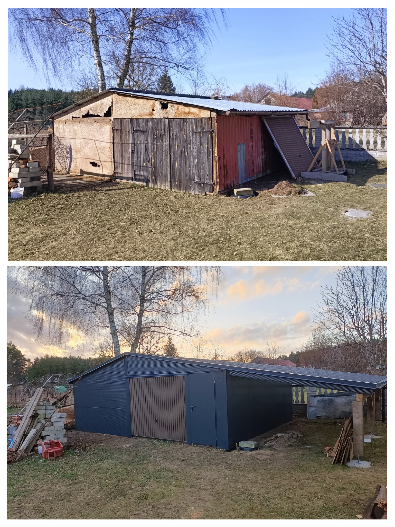 Zdjęcie 'przed i po' renowacji blaszaka: od zniszczonej konstrukcji z dziurawym dachem i zardzewiałymi ścianami do odnowionego obiektu z nowym dachem i elewacją w kolorze grafitowym.