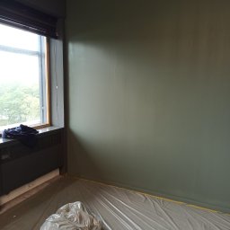 BUDEX - Świeżo pomalowana na oliwkowy kolor ściana z widocznymi smugami mokrej farby, zabezpieczona folią malarską, z oknem po lewej stronie i kaloryferem pod nim, w rogu stoi wiadro z wałkiem malarskim.