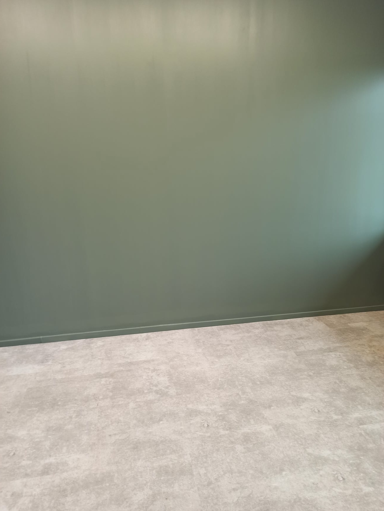 Pusta ściana pomalowana na oliwkowy kolor z szarą podłogą imitującą beton i ciemnozieloną listwą przypodłogową.