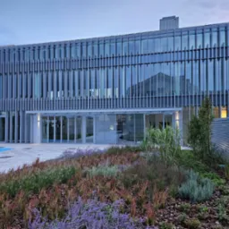 Nowoczesny budynek biurowy z przeszkloną fasadą i pionowymi panelami, otoczony ozdobnym ogrodem z kwitnącymi lawendami i trawami, oświetlony wczesnym wieczornym światłem.