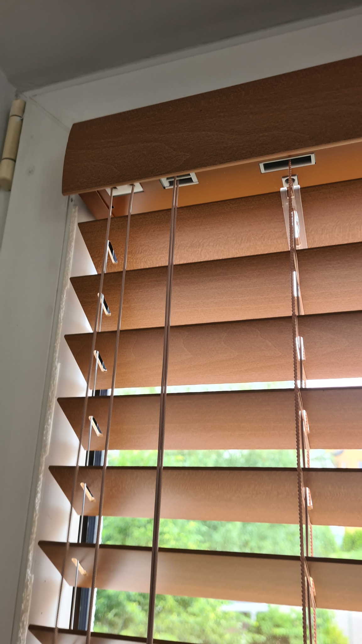 Detale drewnianych żaluzji poziomych w oknie, widoczne sznurki sterujące i mechanizm górny, z zewnątrz zieleń drzew