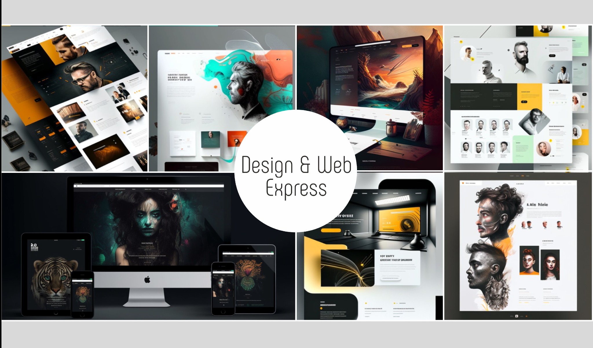 Kompilacja zrzutów ekranu stron internetowych i aplikacji mobilnych o zróżnicowanej stylistyce, z logo 'Design & Web Express' na środku.