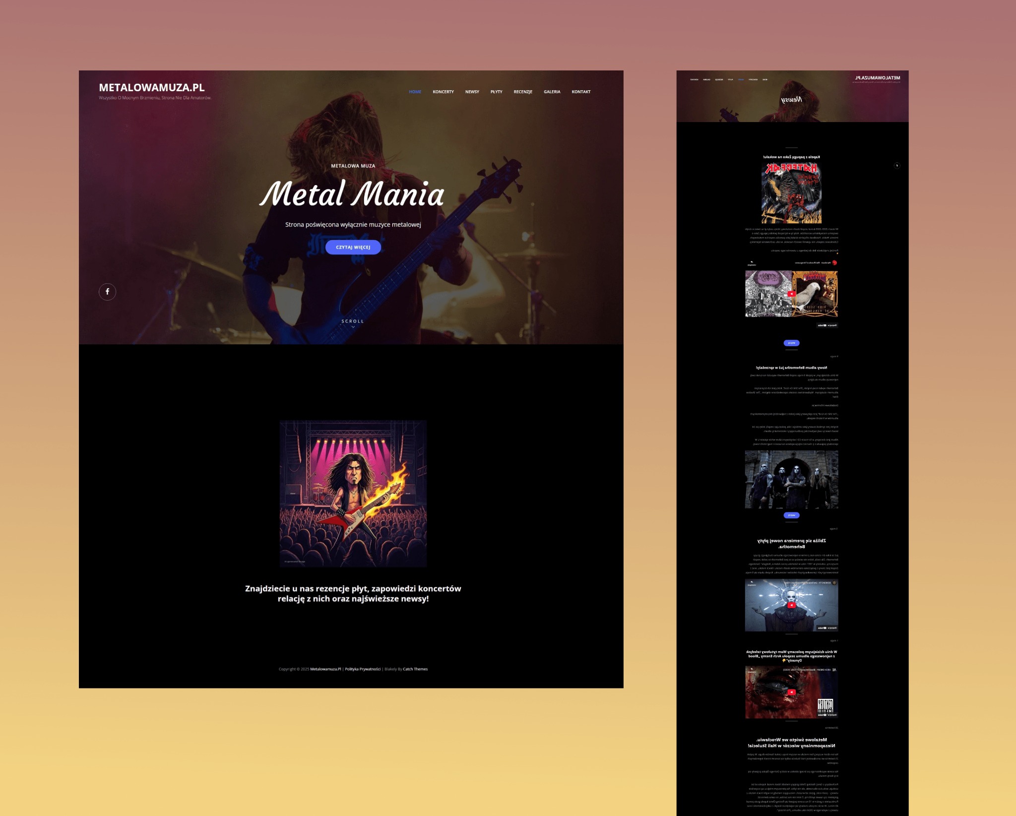 Strona www metalowamuza.pl z grafiką gitarzysty. Portal o muzyce metalowej z menu: Home, Koncerty, Newsy, Płyty, Recenzje, Galeria, Kontakt. Scroll do newsów i recenzji.