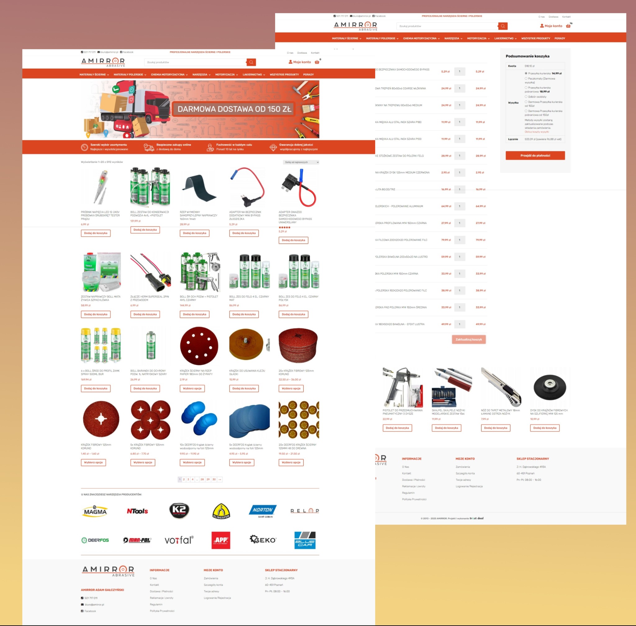 Strona sklepu internetowego Amirror.pl z narzędziami ściernymi i polerskimi. Widok na listę produktów, koszyk, logo firmy i menu nawigacyjne. Darmowa dostawa od 150 zł.