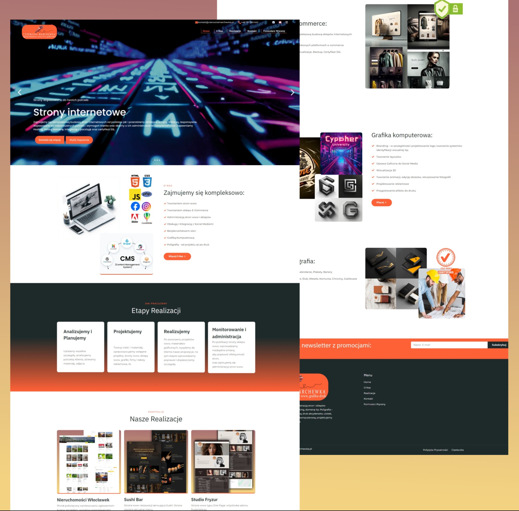 Prezentacja strony internetowej czerwonamarchewka.pl, wizytówki firmy, z etapami realizacji, grafiką komputerową i portfolio. Układ strony responsywny, z certyfikatem SSL.