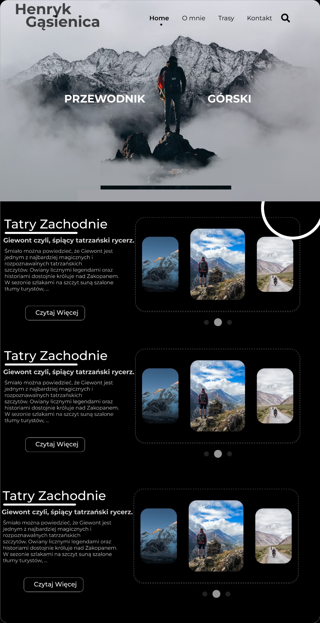 Strona internetowa przewodnika górskiego Henryka Gąsienicy z widokiem na góry, tekstem 'Przewodnik Górski' i miniaturami zdjęć Tatr Zachodnich.