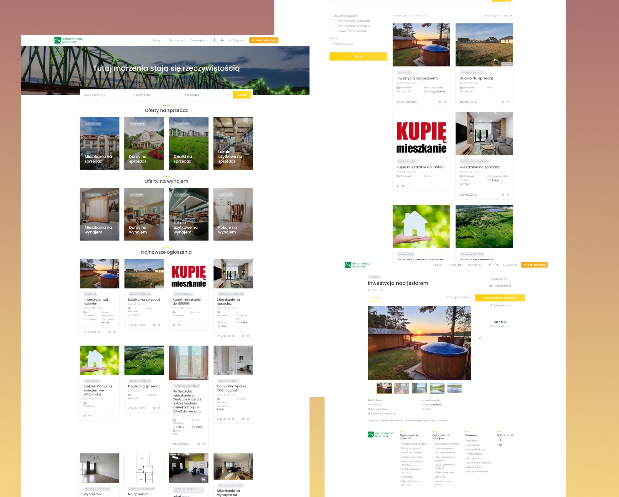 Strona internetowa agencji nieruchomości z ofertami: domy, mieszkania, działki na sprzedaż i wynajem we Włocławku. Widok z ekranu komputera.