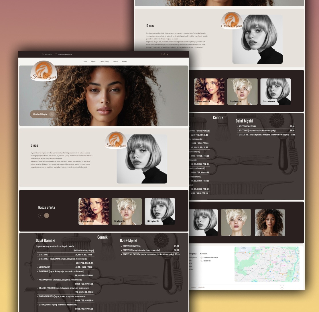 Strona internetowa salonu fryzjerskiego z ofertą strzyżeń damskich i męskich, koloryzacji oraz stylizacji. Widoczne ceny i zdjęcia modelek prezentujących różne fryzury.