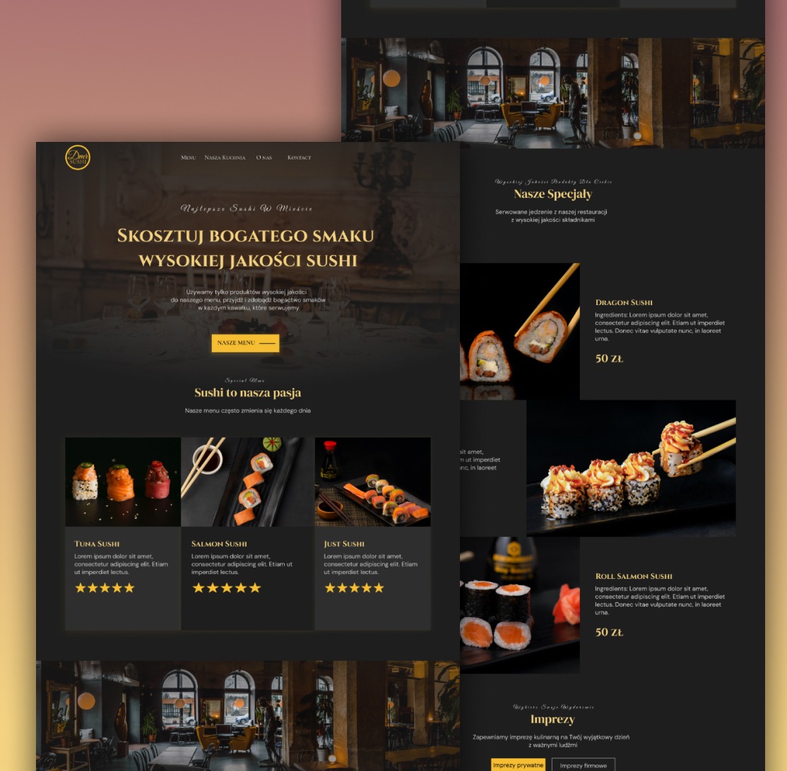 Projekt strony internetowej restauracji sushi w ciemnej tonacji z apetycznymi zdjęciami dań i eleganckim designem. Układ responsywny, menu i informacje o imprezach.