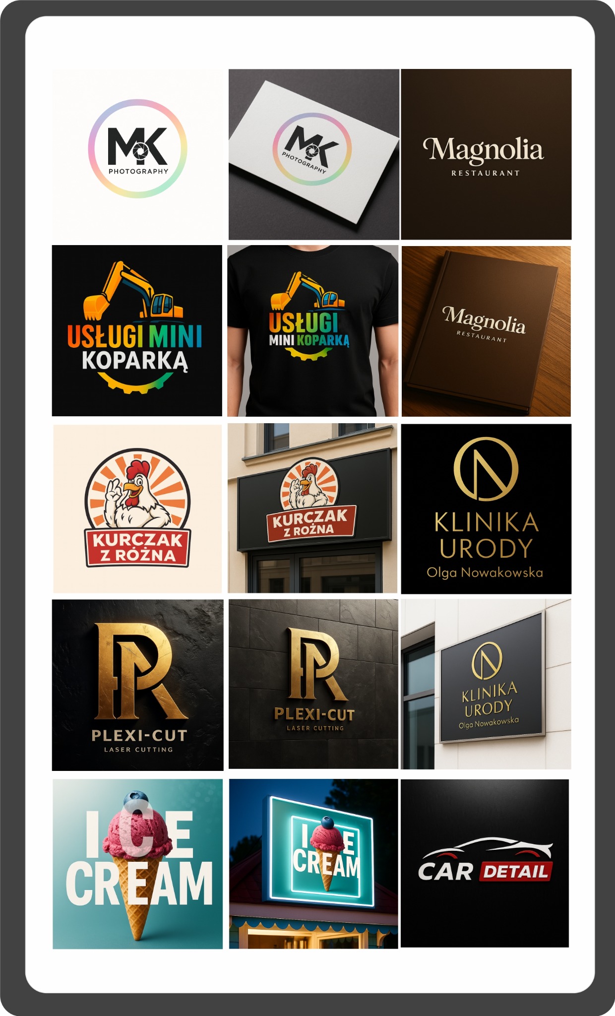 Zestawienie różnorodnych projektów logo: fotografia, restauracja, usługi mini koparką, kurczak z rożna, plexi-cut, klinika urody, lody, car detailing. Różne style i materiały.