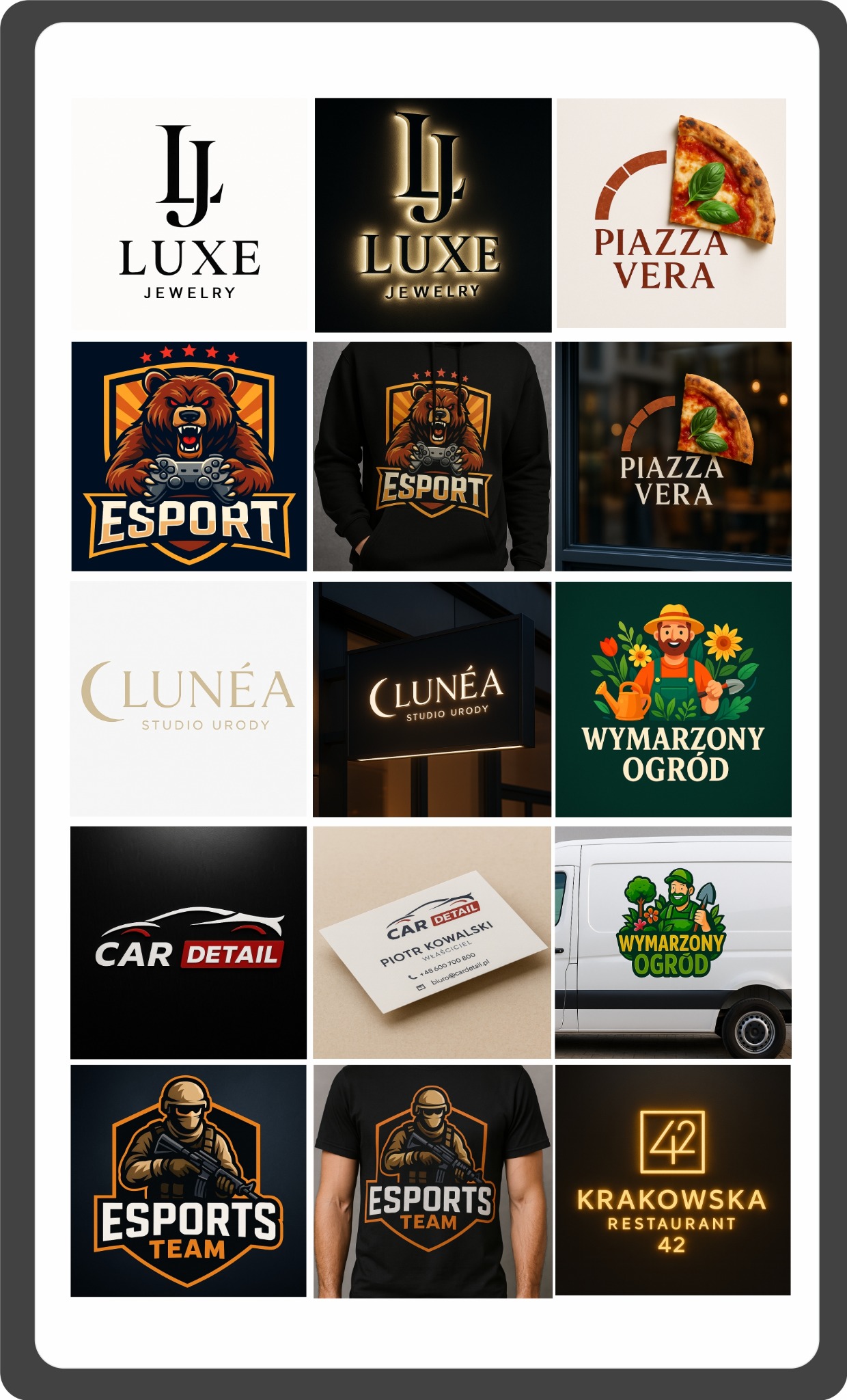 Kolaż z różnorodnymi projektami graficznymi: logotypy jubilerskie, pizzerii, studia urody, detalingu aut, ogrodu, drużyny esportowej i restauracji. Różne style i techniki prezentacji.