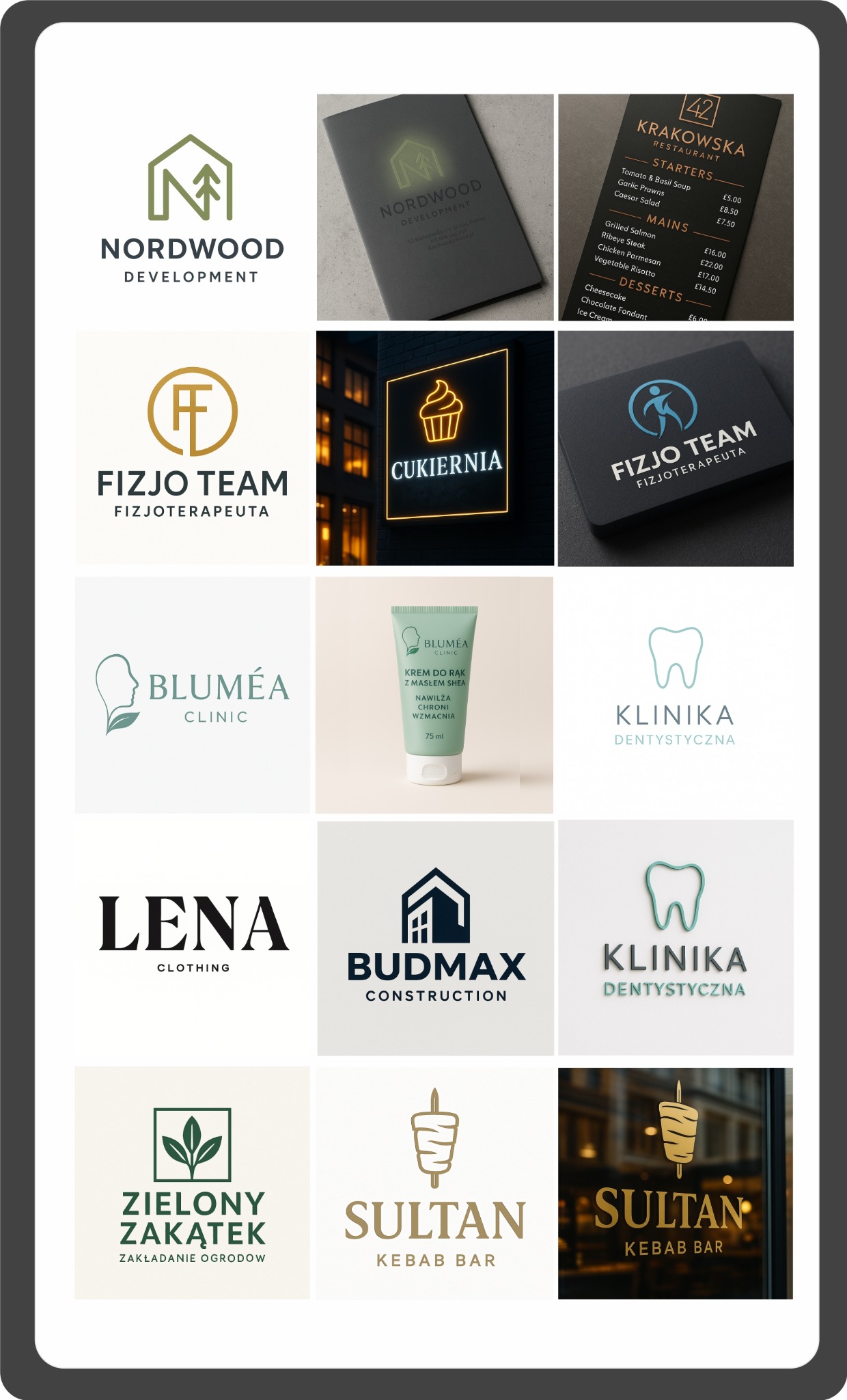 Kompilacja różnorodnych projektów graficznych: logotypy firm z branży budowlanej, restauracji, kliniki, odzieży, fizjoterapii, cukierni i zakładania ogrodów, oraz krem do rąk.