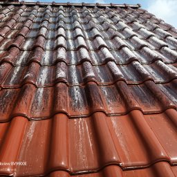 Ochraniak PRO-BUD - Czerwona dachówka ceramiczna po czyszczeniu, widoczne zacieki i różnica w kolorze. Częściowo czyste, błyszczące dachówki pod kątem, fragment nieba w tle.