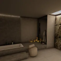 Minimalistyczna łazienka z wanną wpuszczoną w betonową platformę, oświetlona świecami, z marmurową ścianą prysznicową i oknem dachowym.