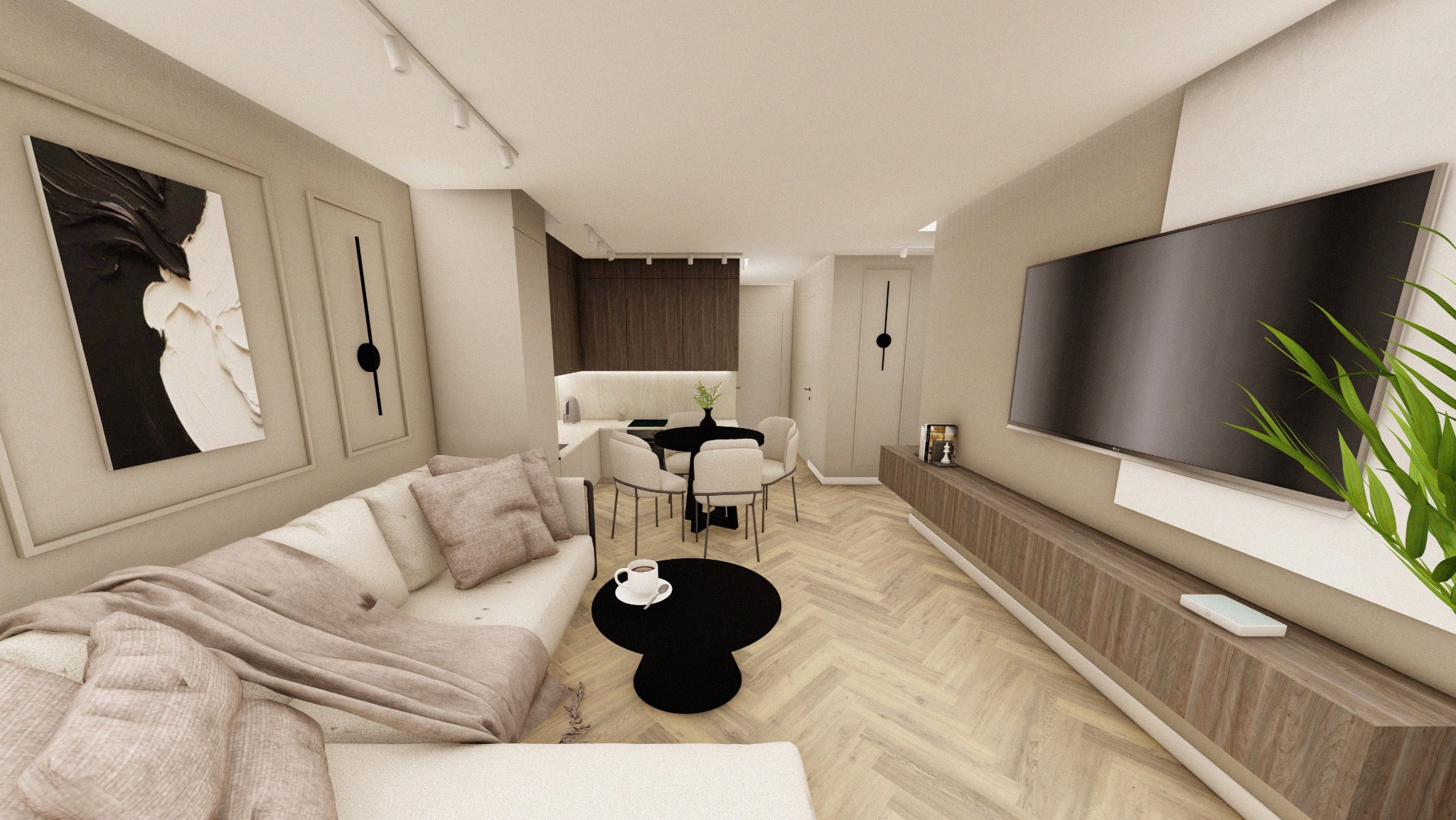 Wizualizacja przestronnego salonu z aneksem kuchennym, jasna sofa z poduszkami i narzutą, okrągły stolik kawowy z filiżanką, duży telewizor na ścianie, parkiet w jodełkę, abstrakcyjne obrazy...