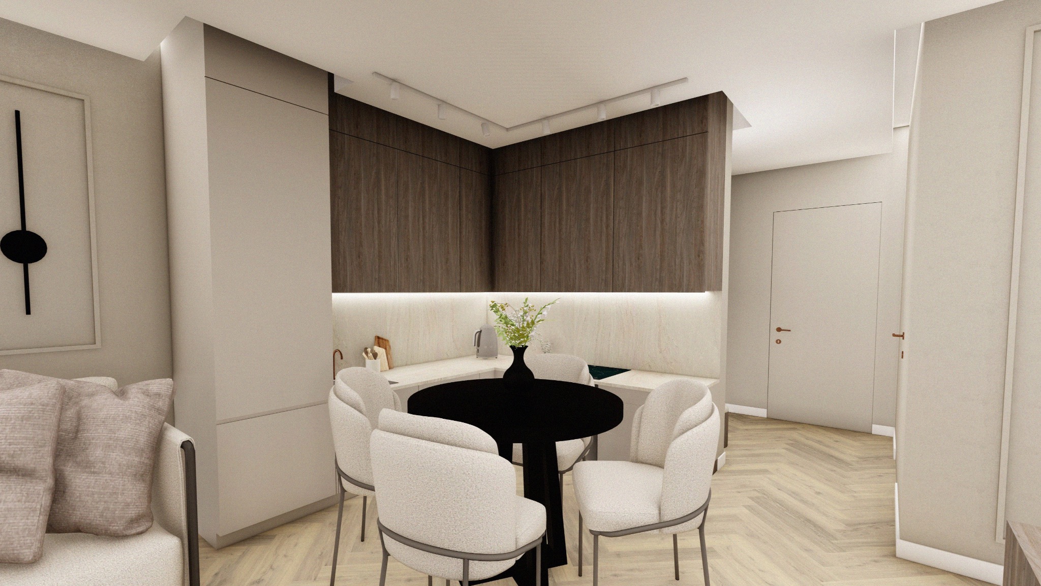 Wizualizacja nowoczesnej kuchni z ciemnymi szafkami górnymi, jasnym blatem i okrągłym, czarnym stołem otoczonym białymi krzesłami. W tle widoczny minimalistyczny salon z beżową sofą i abstrakcyjnym...