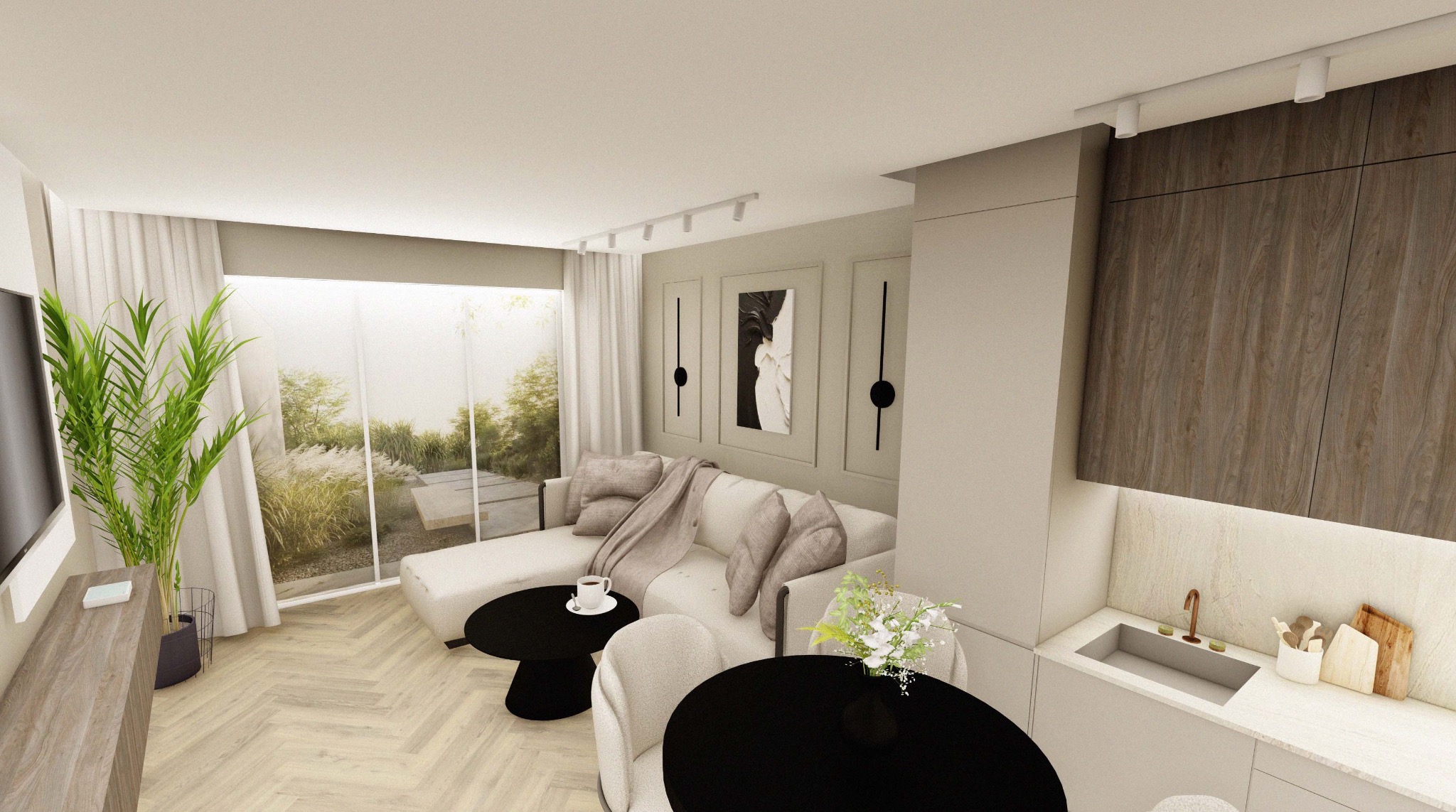 Wizualizacja salonu z aneksem kuchennym w jasnych barwach, z sofą narożną, okrągłymi stolikami kawowymi, parkietem w jodełkę i dużym oknem z widokiem na ogród.