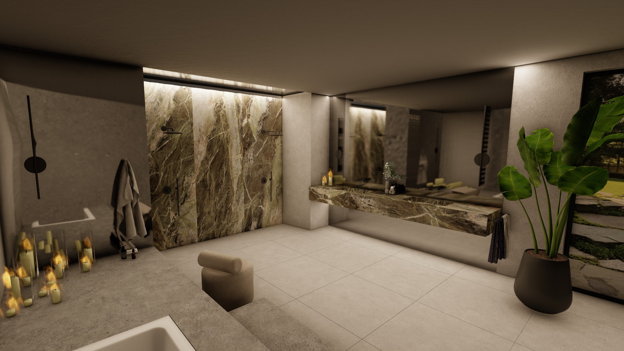 Luksusowa łazienka z marmurową kabiną prysznicową, umywalką na blacie z tego samego kamienia i dekoracyjnymi świecami, oświetlona ciepłym światłem.