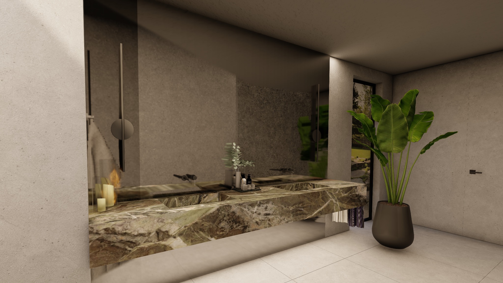 Nowoczesna łazienka z podwójną umywalką z zielonego marmuru, minimalistycznymi bateriami, dużym lustrem, świecami i rośliną doniczkową.
