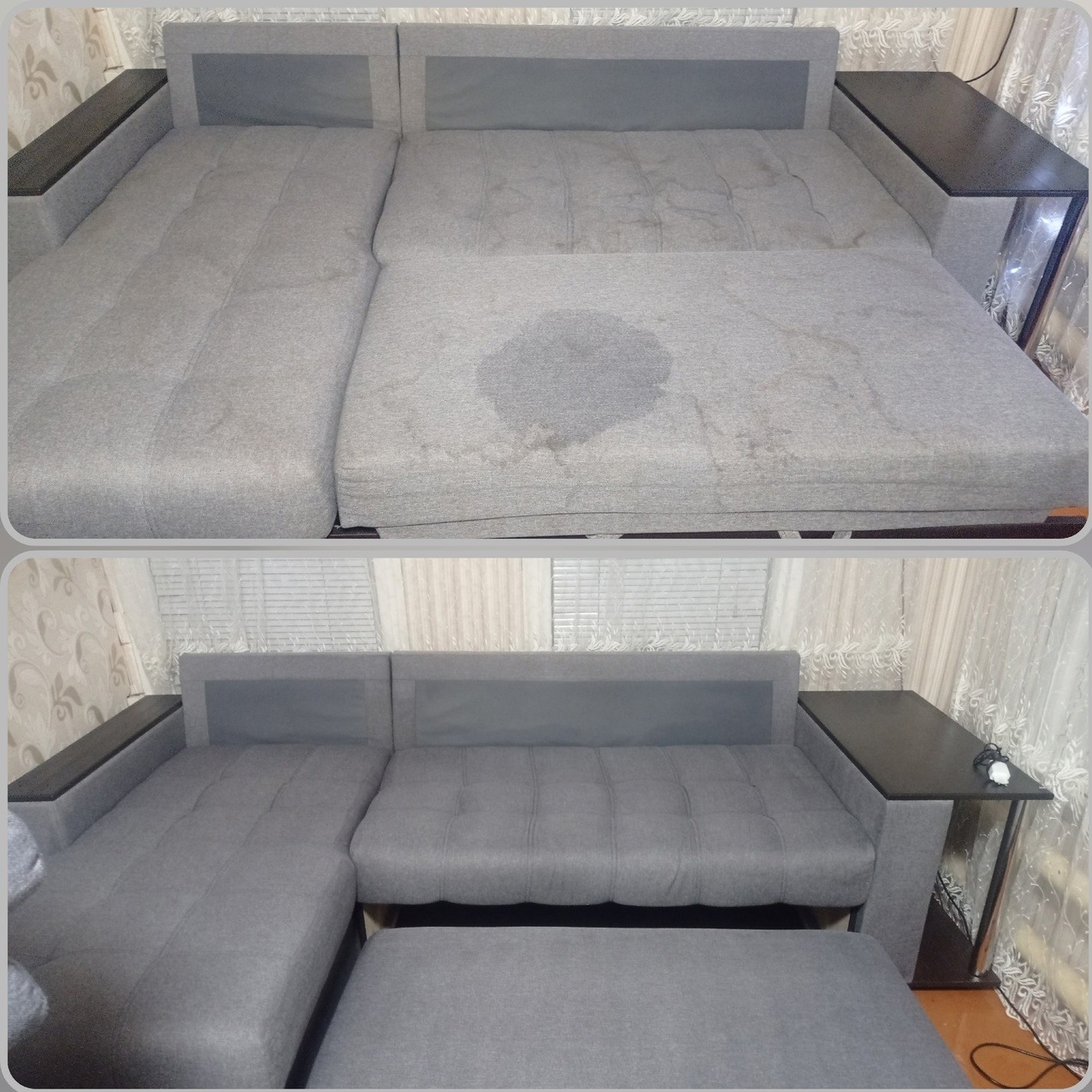 Dwa ujęcia szarej, modułowej kanapy narożnej przed i po praniu. Górne zdjęcie ukazuje widoczną plamę na siedzisku, dolne zdjęcie prezentuje kanapę po czyszczeniu, bez plam, z wysuniętą częścią...