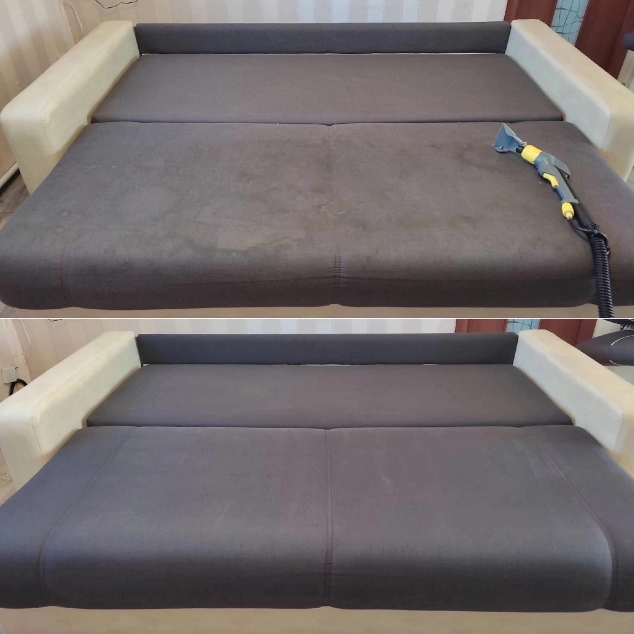 Dwuczęściowe ujęcie sofy z szarą tapicerką przed i po czyszczeniu, z widocznym urządzeniem do ekstrakcyjnego czyszczenia tapicerki w górnej części zdjęcia.