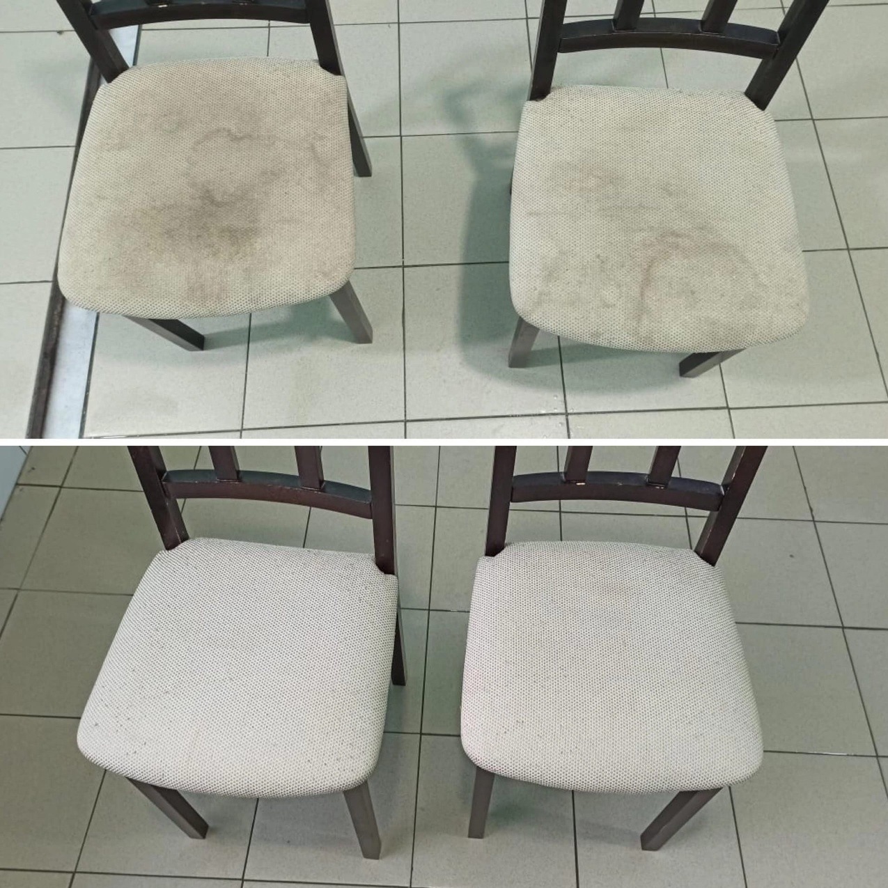 Dwa krzesła z tapicerowanymi siedziskami: u góry przed, a na dole po czyszczeniu, widoczne wyraźne różnice w czystości tapicerki.