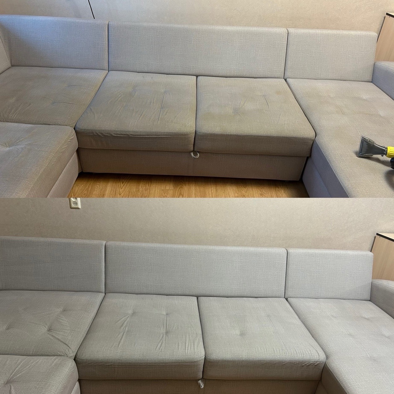 Dwuetapowe ujęcie narożnika z jasną tapicerką: górna część pokazuje widoczne plamy i proces czyszczenia z użyciem dyszy parowej, dolna część prezentuje efekt po czyszczeniu, ukazując odświeżony...