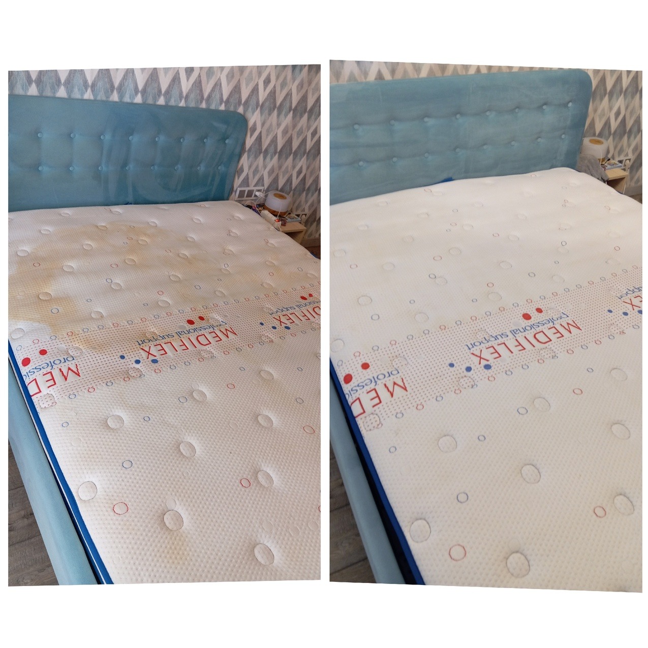 Porównanie materaca przed i po czyszczeniu: po lewej stronie widoczne plamy i zabrudzenia, po prawej czysty materac z widocznym logo Mediflex