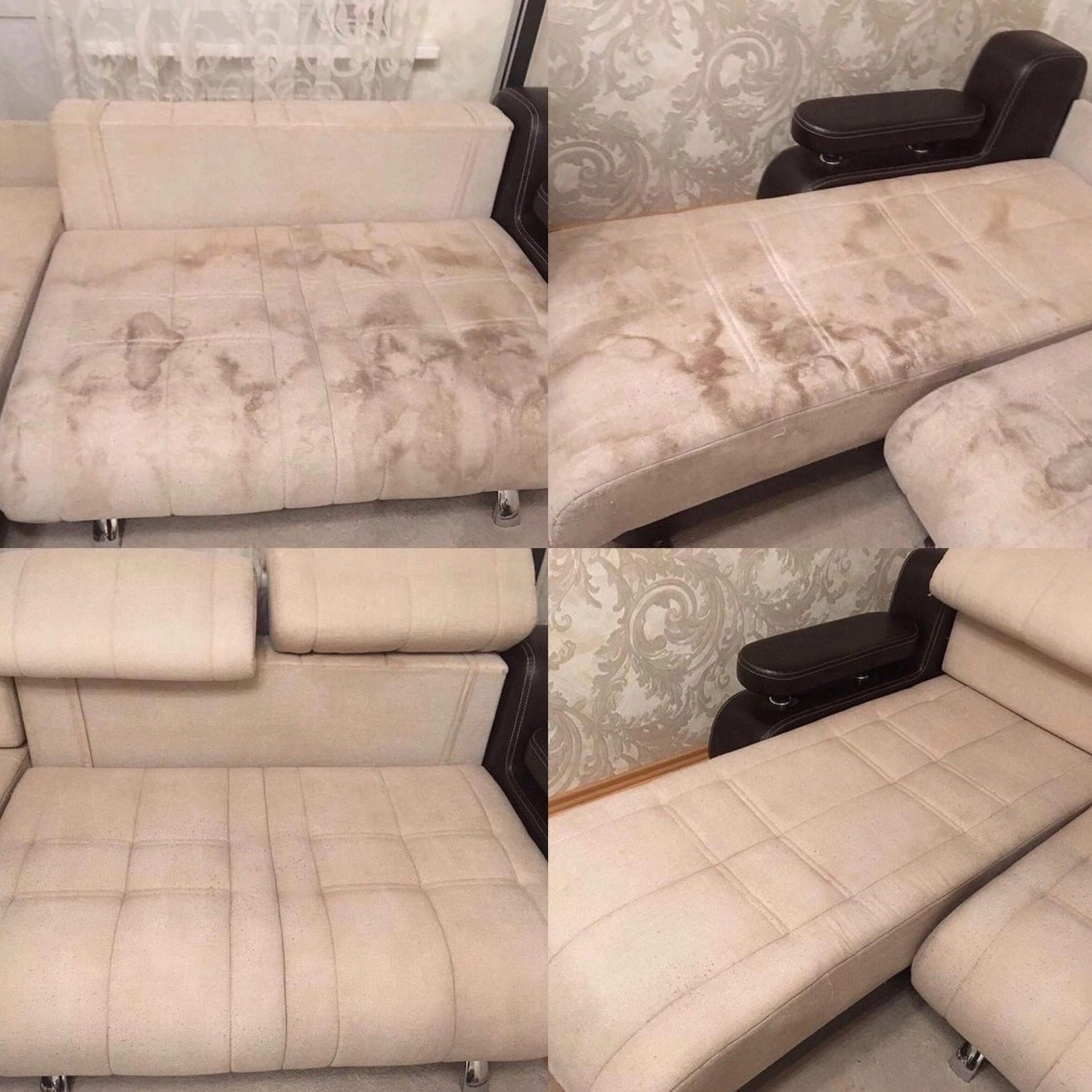 Czteropanelowe ujęcie narożnika z beżową tapicerką: dwa górne kadry ukazują sofę silnie zabrudzoną plamami, natomiast dolne dwa kadry prezentują sofę po czyszczeniu, z widoczną poprawą wyglądu...