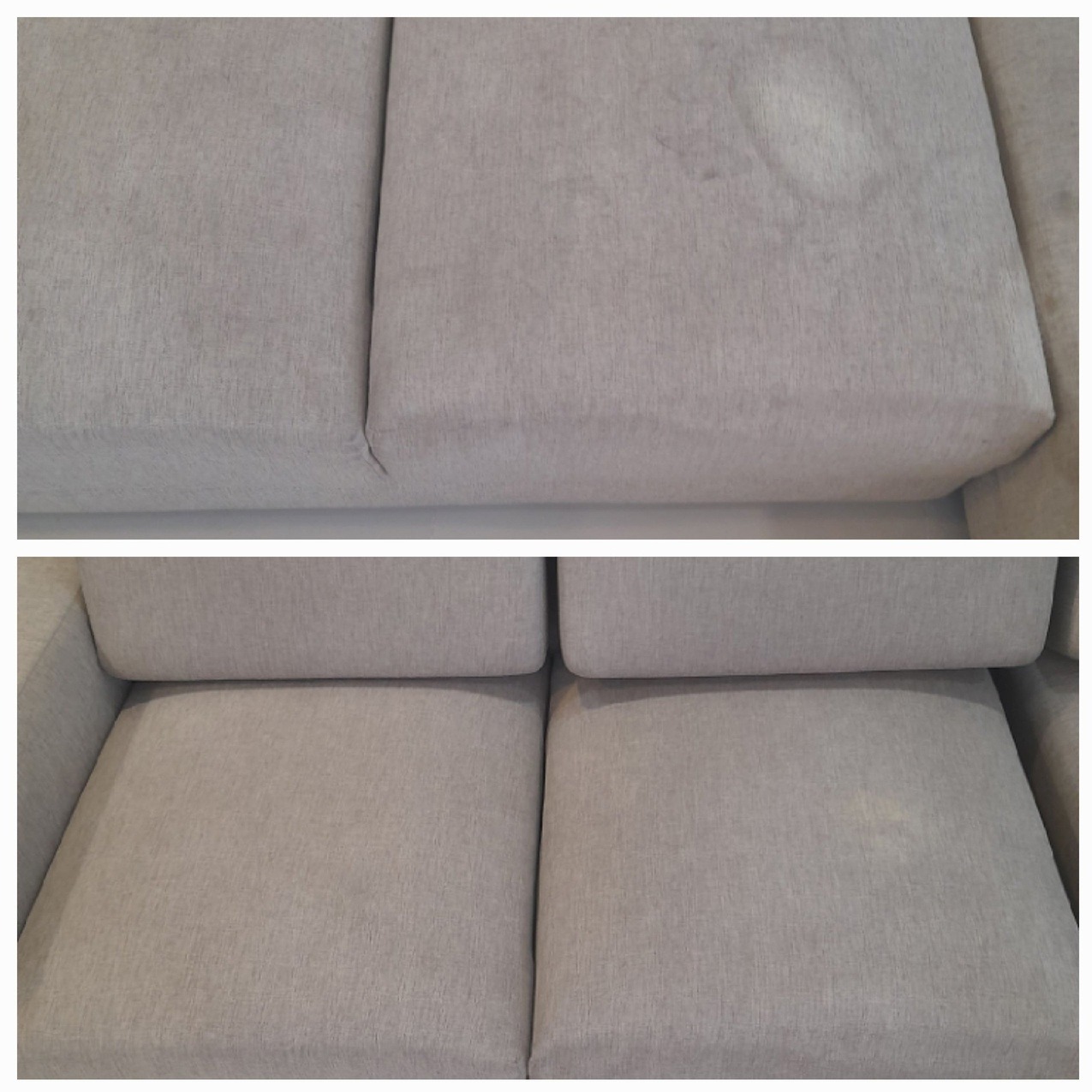 Dwuetapowe ujęcie sofy: górny kadr z widocznym, okrągłym zabrudzeniem na siedzisku; dolny kadr po czyszczeniu, ukazujący jednolitą barwę tapicerki.