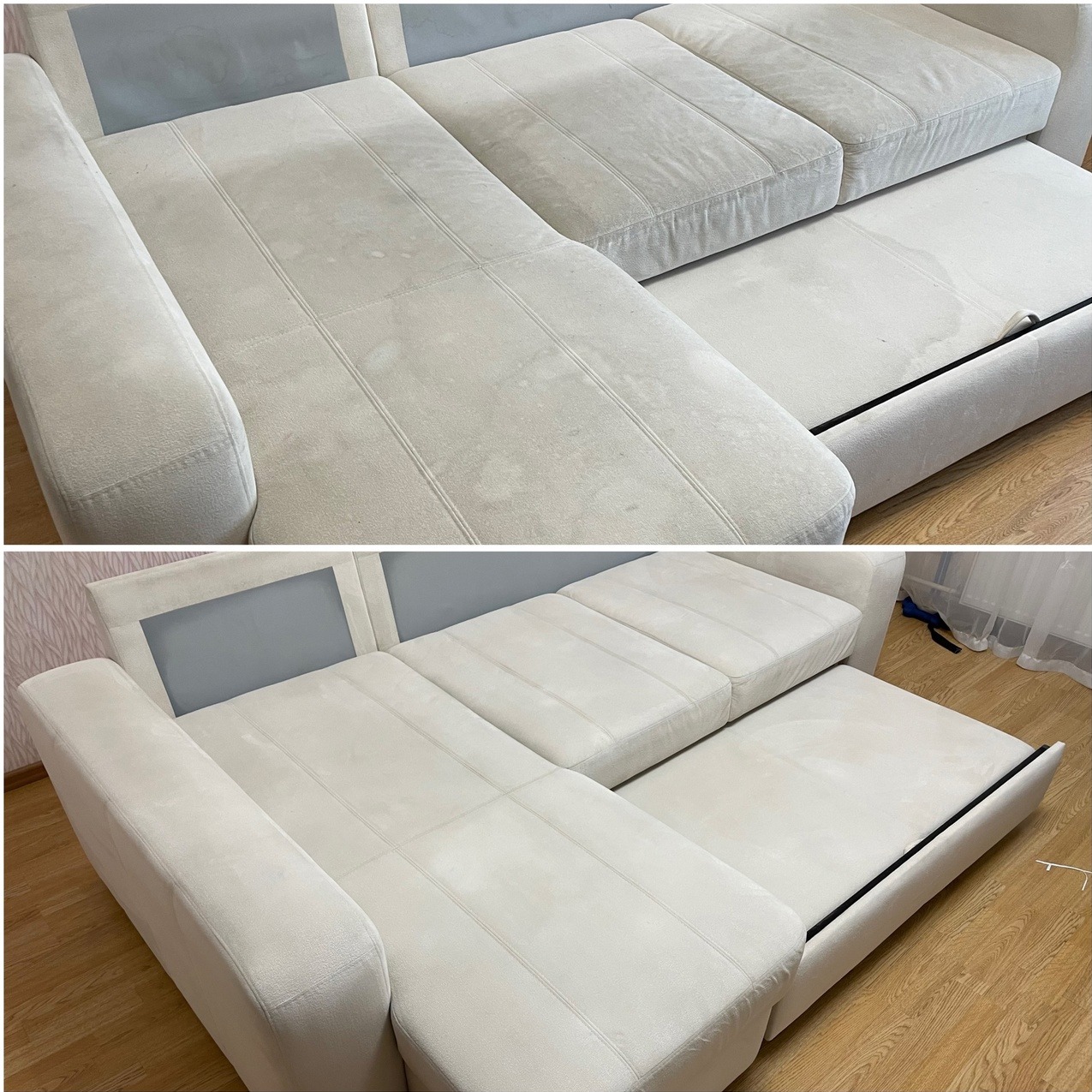 Dwuczęściowe zdjęcie przedstawia narożnik z jasną tapicerką: górna część pokazuje narożnik z widocznymi plamami przed czyszczeniem, dolna część prezentuje ten sam narożnik po czyszczeniu,...