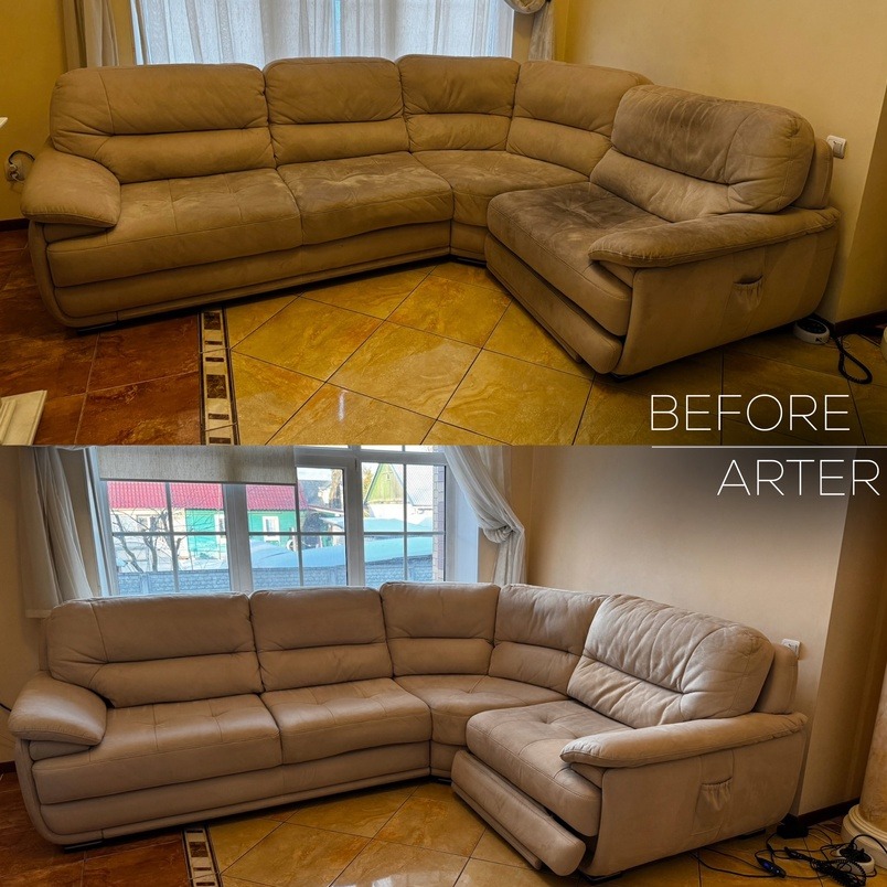 Zdjęcie przedstawia narożnik w odcieniach beżu, podzielone na dwie części: górna część pokazuje narożnik przed czyszczeniem, z widocznymi plamami i zabrudzeniami, dolna część prezentuje ten sam...