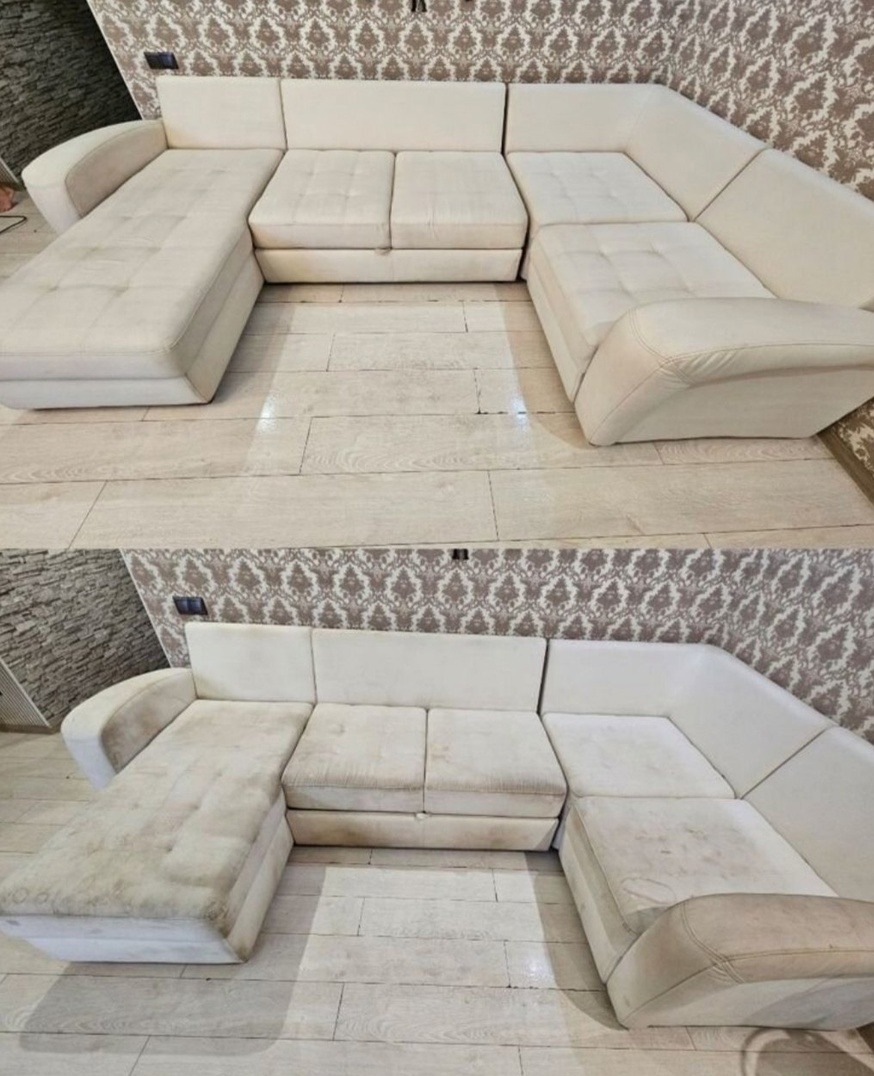 Porównanie stanu sofy modułowej w kształcie litery U przed i po czyszczeniu, widoczne wyraźne różnice w czystości tapicerki.